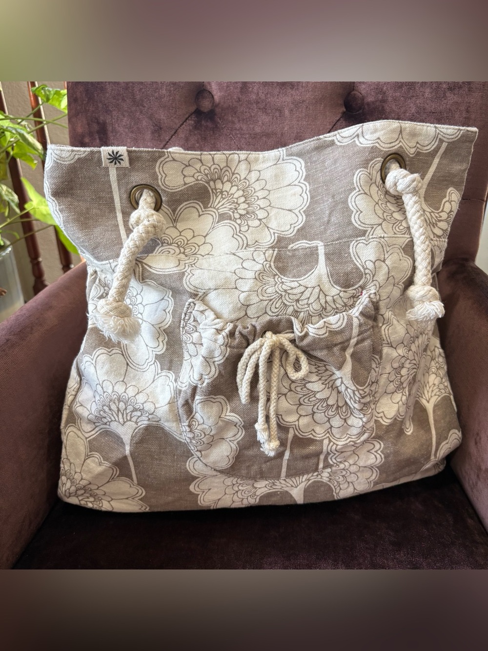Athleta Floral Linen Cotton Beach Tote Bag Rope Handles Beige Large Shoulder Bag